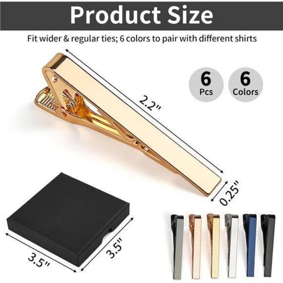 Mens tie clip set 6 pack assorted colors business wedding gift box included - Picture 2 of 7